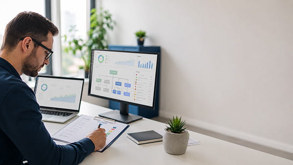 Audit SEO: analisi e priorità di intervento Professionista esamina report e dati per un audit SEO del sito