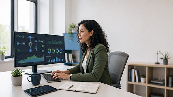 SEO tecnica: analisi di indicizzazione e performance Professionista analizza dashboard SEO con dati su indicizzazione e prestazioni del sito