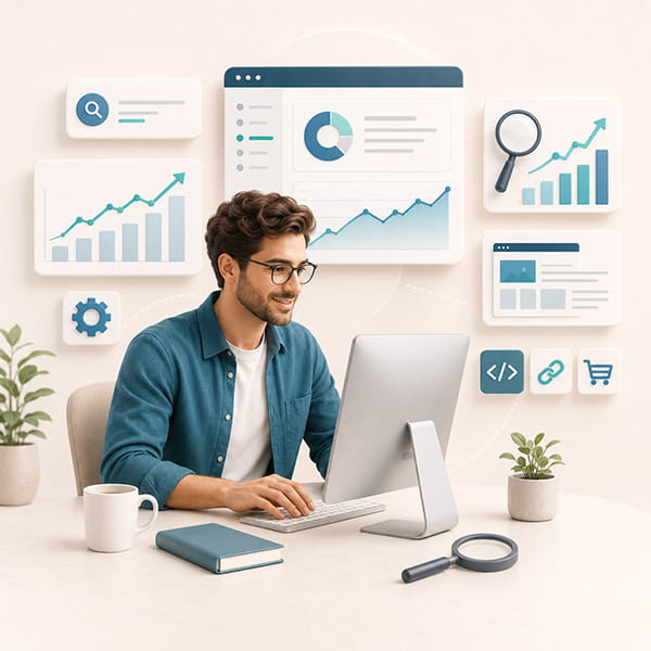 Consulente SEO freelance che analizza visibilità organica, keyword e performance di un sito