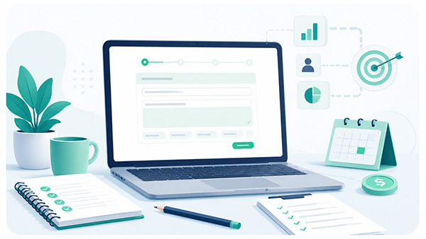 Laptop con modulo, checklist, calendario e obiettivi per descrivere un progetto digitale