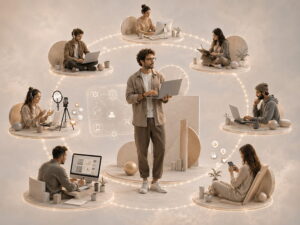 Esperto digitale al centro di una rete di professionisti online specializzati in siti web, SEO, social media, contenuti e marketing digitale