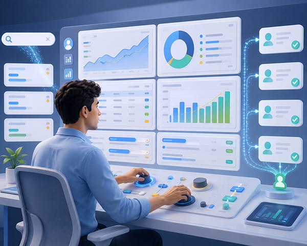 Consulente Google Ads freelance che analizza campagne pubblicitarie, keyword, budget e conversioni su dashboard digitali