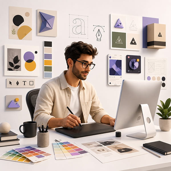 Grafico freelance che crea logo, brand identity e materiali digitali