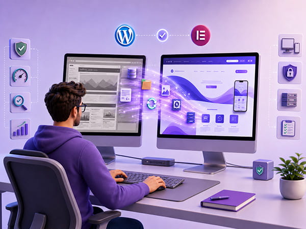 Professionista che pianifica la migrazione di un sito WordPress Elementor con backup, staging, redirect e controlli SEO