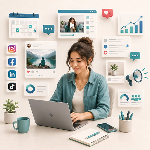 Social media manager freelance che pianifica contenuti, campagne e analisi dei canali social