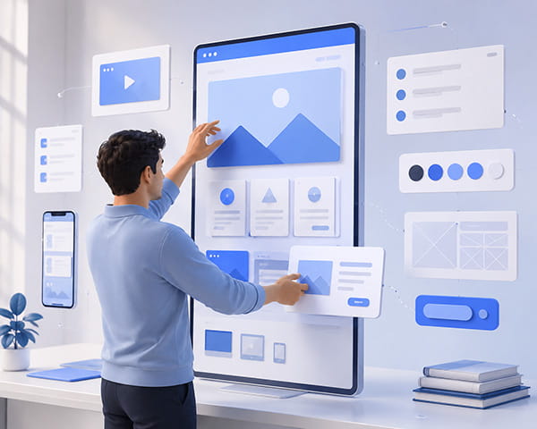 Web designer freelance che progetta il layout di un sito web moderno con sezioni, pulsanti e interfaccia responsive